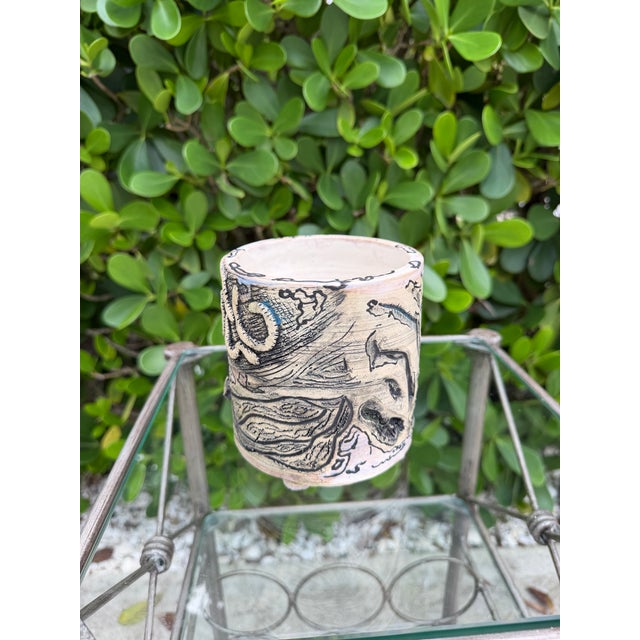 Late 20th Century Vintage Signed Studio Pottery Vessel With Abstract Relief Design For Sale - Image 5 of 10
