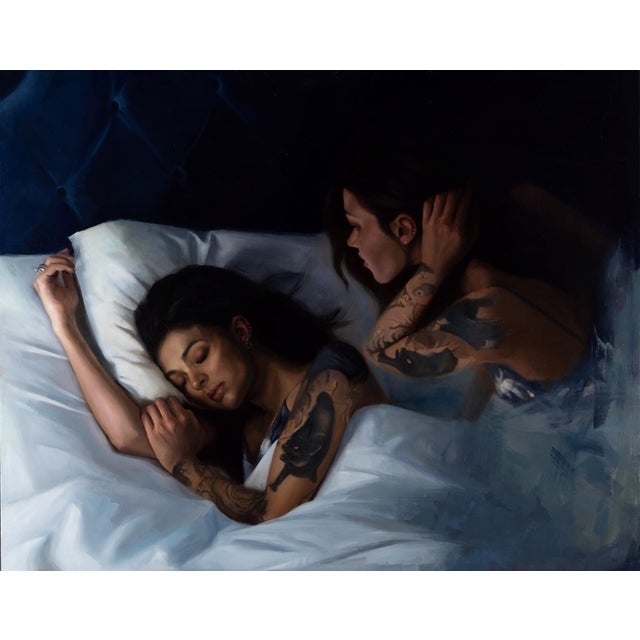 Entre Sueños by Ximena Rendon | Oil on aluminum panel Painting of a woman sleeping beside her reflection. For Sale