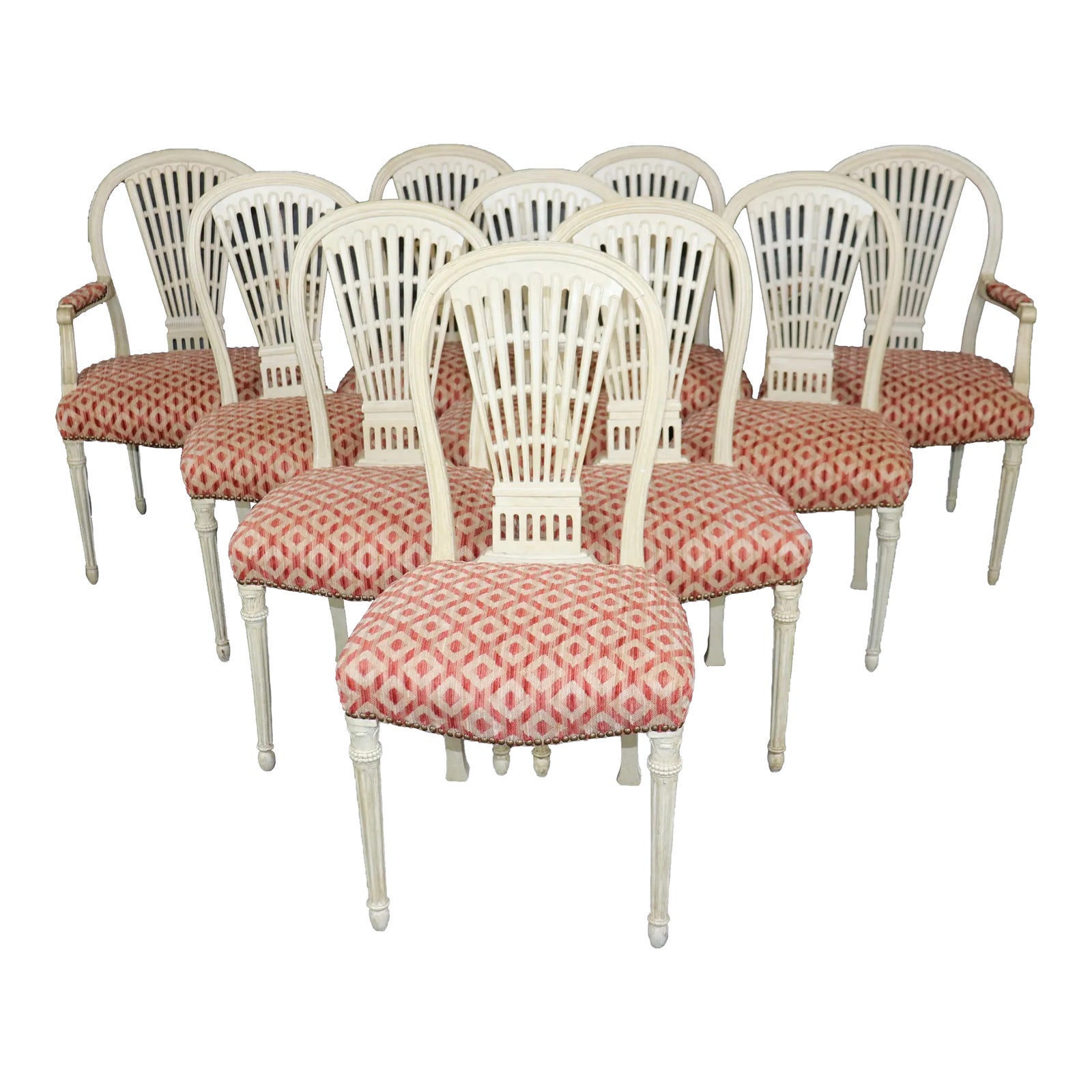 Set 10 Balloon Back Maison Jansen Attributed Antique White Paint