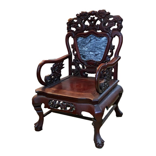 Antique Chinese Peranakan Dragons Rosewood Arm Chair With Marble Insert