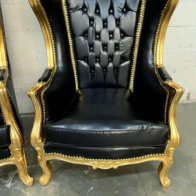 2010s Balloon Chair French Style Black Leather High-Back Canopy Lacquer Chair Set of 2 For Sale - Image 5 of 9