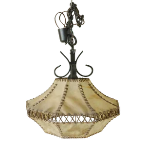 Vintage C1980s Leather Stitched Natural Hide & Wrought Iron Chandelier
