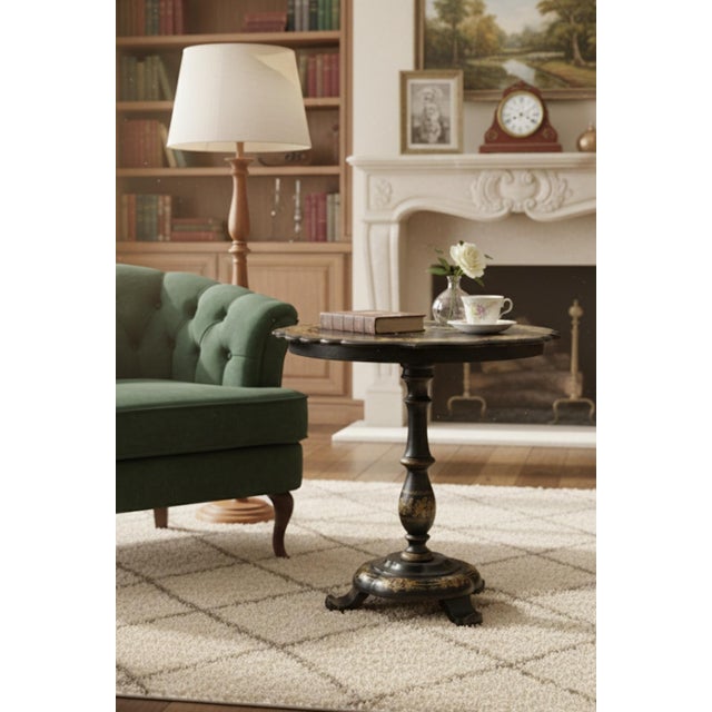 1990s Victorian Papier-Mâché & Mother-of-Pearl Inlay Pedestal Side Table For Sale In West Palm - Image 6 of 7