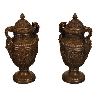 Neoclassical Style Large Pair Of Cast Bronze Covered Urns With Figural Relief For Sale