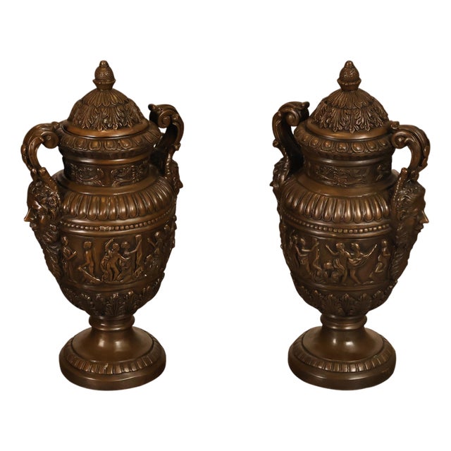 Neoclassical Style Large Pair Of Cast Bronze Covered Urns With Figural Relief For Sale