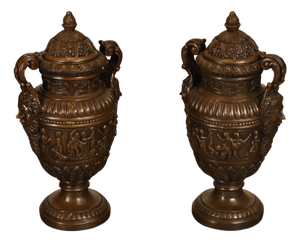 Neoclassical Style Large Pair Of Cast Bronze Covered Urns With Figural Relief