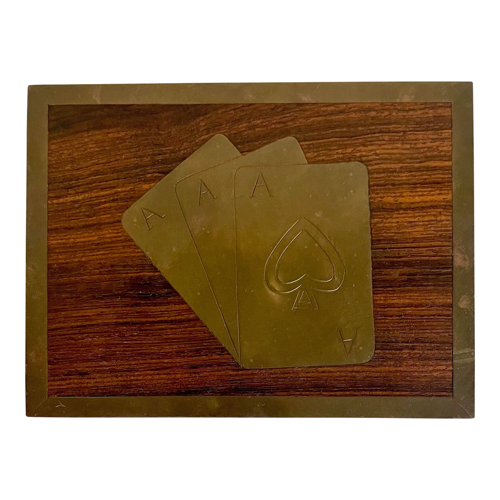 Vintage Lidded Wood Box With Brass Inlay Playing Card Detail | Chairish