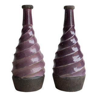 Pair of Vintage Twisted Violet Glazed Terracotta Pottery Vases, Mid 20th Century For Sale