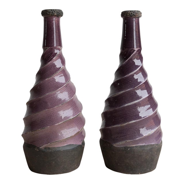 Pair of Vintage Twisted Violet Glazed Terracotta Pottery Vases, Mid 20th Century For Sale