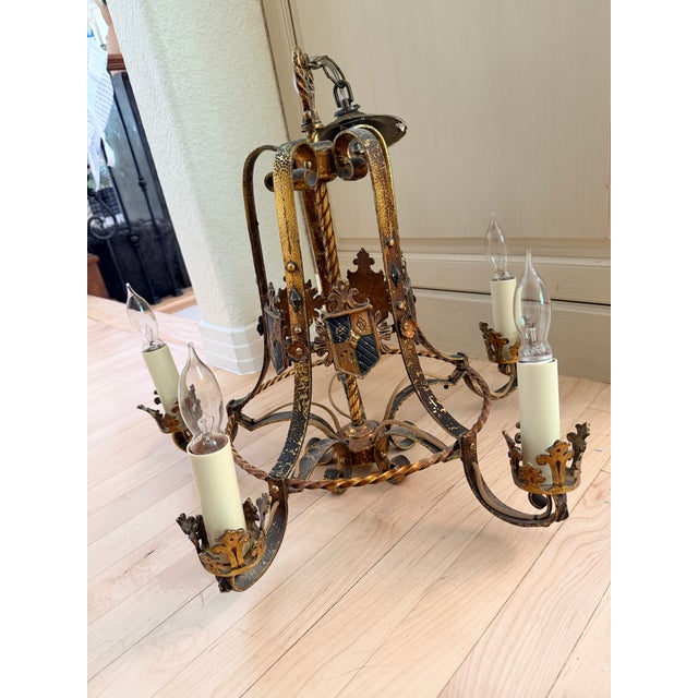 Castle Antiques & Design Vintage Spanish Revival Gothic Iron 6 Light Chandelier 6 For Sale - Image 4 of 6