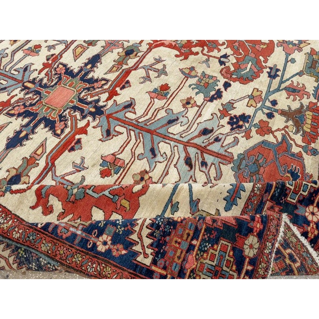 Late 19th Century Ivory Square Antique Serapi Rug no. 10963 For Sale - Image 5 of 7