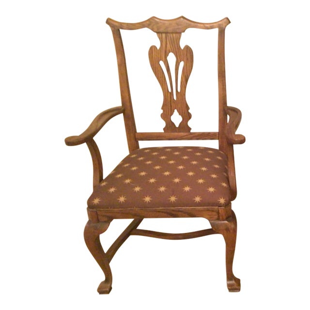 1980s Ethan Allen Oak Chippendale Arm Chair For Sale