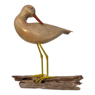 Vintage Wood Carved Sandpiper Bird Signed For Sale
