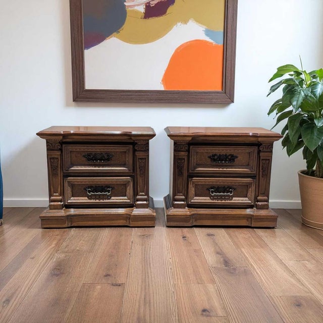 Pair of Vintage Carved Wood Two-Drawer Nightstands For Sale - Image 10 of 18