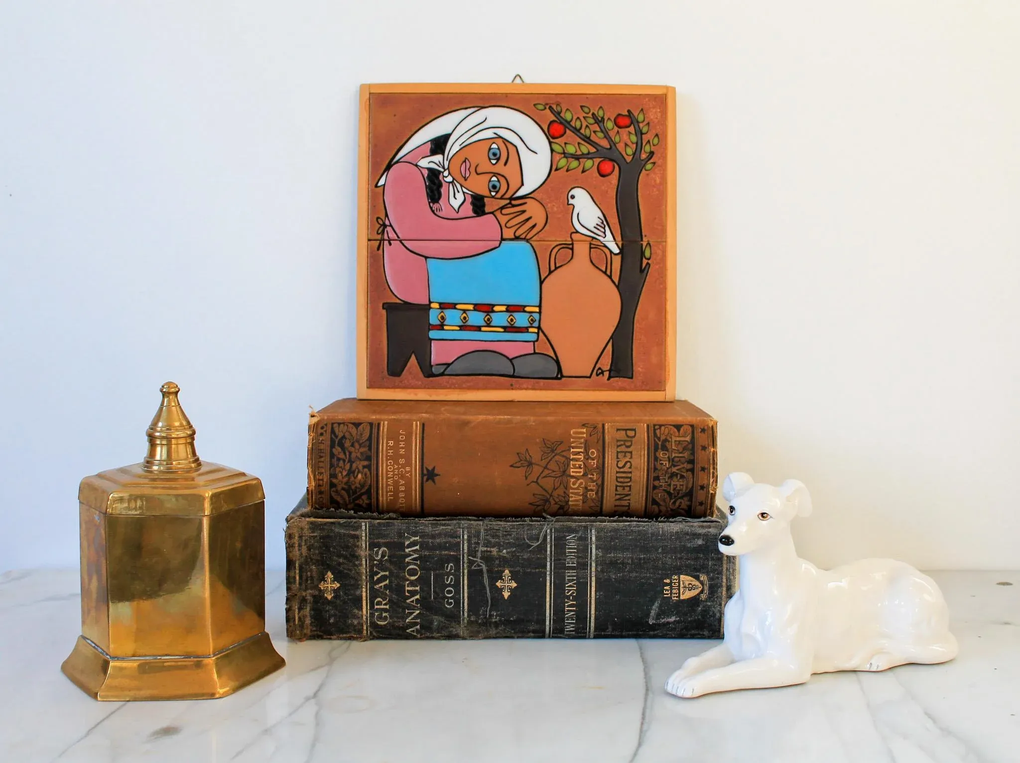 Vintage Framed Terracotta Tile Art by Greek Artist Angelo