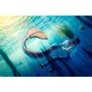 Mermaid Affair by Christopher Clark | Oil Painting of a couple underwater with a mermaid For Sale