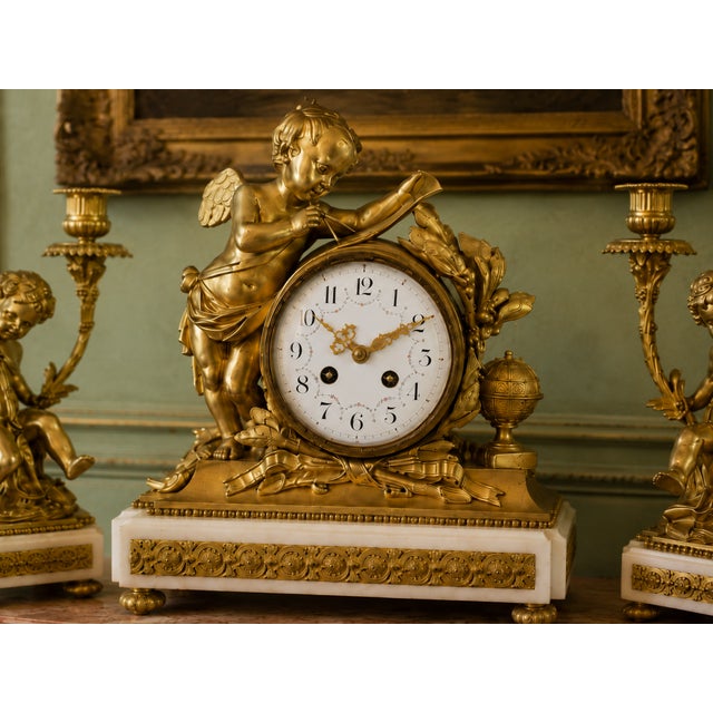 19th Century 19thC French Louis XVI Gold Ormolu Clock Set - 3 Pc For Sale - Image 5 of 14