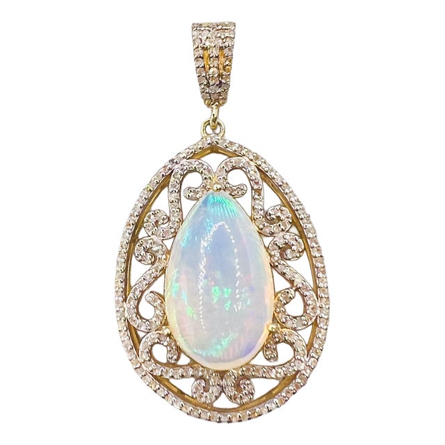 Vintage Art Deco Style Pear Opal and Diamond Teardrop Statement Pendant in Gilded 925 Silver, 1980s For Sale