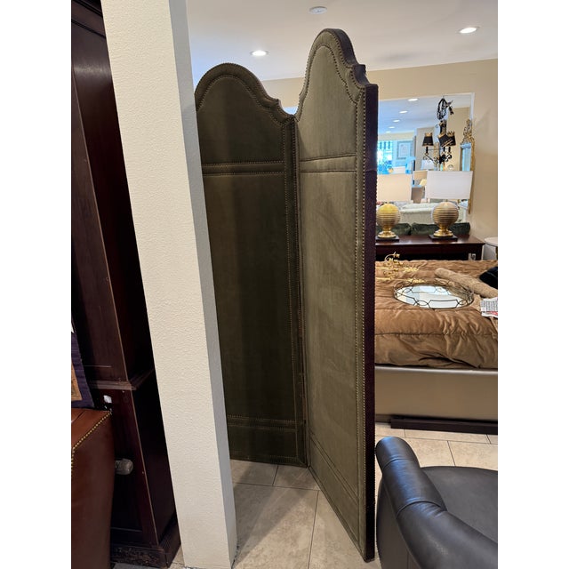 Chestnut Embossed Leather and Needlepoint 2 Panel Screen For Sale - Image 8 of 14