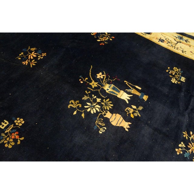 Navy Blue 1920s Navy Blue Vase Deco Modern Antique Chinese Art Handknotted Wool Carpet Rug For Sale - Image 8 of 9