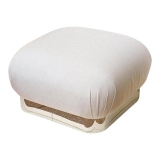 Vintage 80's Karl Springer Large Souffle Restored Ottoman or Bench With Stainless Steel Base and Off White Upholstery For Sale