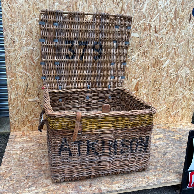 1920’s original english wicker baskets. Oversized industrial storage baskets retaining original faded branding. Handmade...