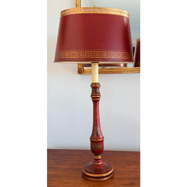 Pair of stunning John Roselli style red and gilt painted chinoiserie decorated lamps with red tole shades . Hand painted....