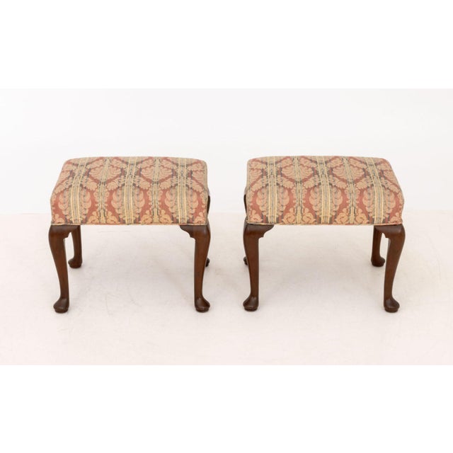 Pair of Kittinger Colonial Williamsburg Floral Upholstered Mahogany Stools, marked to interior leg. 18" H x 21" W x 16" D....