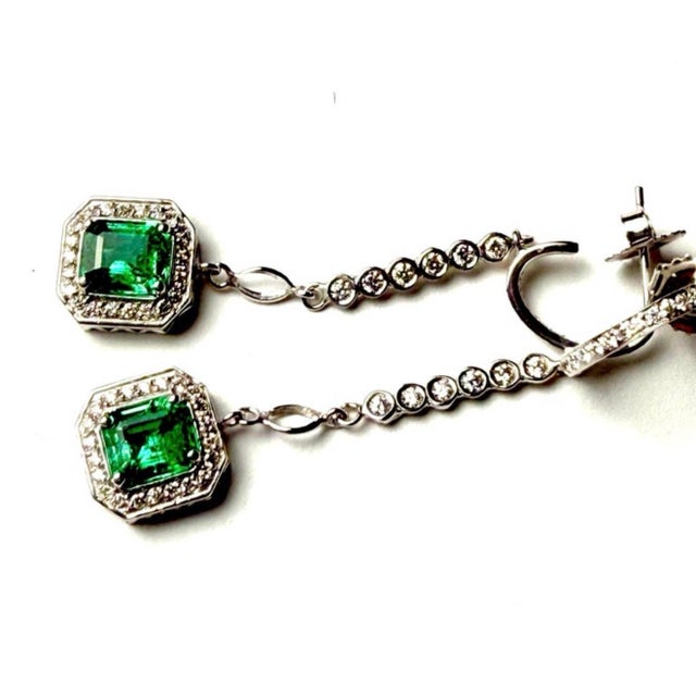 Emerald Shaped Emeralds Halo Diamond 3.50 Carat Lariat 14 Karat White Gold Earrings - 2 Pieces For Sale - Image 9 of 12