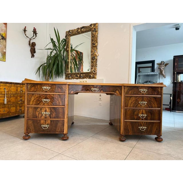 Large restored late Biedermeier writing desk, circa 1865. Dimensions: Height x Width x Depth 80 x 191 x 95 cm. For sale is...