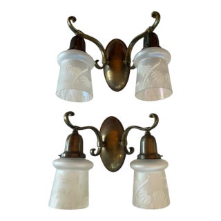 Rare Pair of Double Brass Wall Sconces With Botanical Frosted Etched Shades For Sale