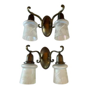 Rare Pair of Double Brass Wall Sconces With Botanical Frosted Etched Shades