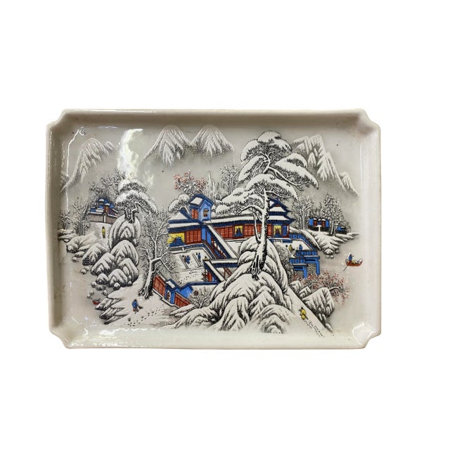 Distressed Off White Porcelain Snow Trees House Rectangular Display Plate For Sale In San Francisco - Image 6 of 6