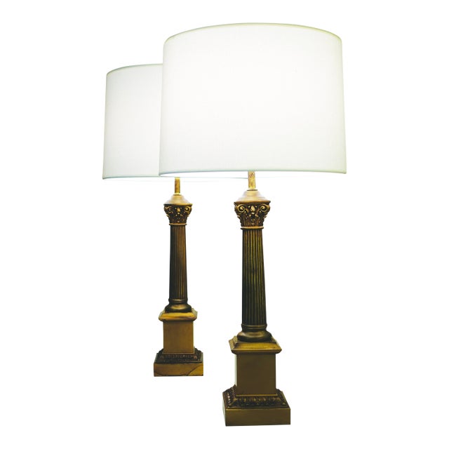 Large Pair Westwood Neoclassical Hollywood Regency Corinthan Column Bronzed Brass Table Lamps 1960's Tony Paul For Sale