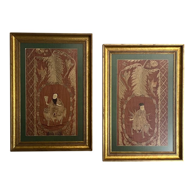 Late 19th Century Chinese Silks Immortal Framed Late Qing Dynasty Antique Foo Lions Ferns Metallic Threads - Set of 2 For Sale
