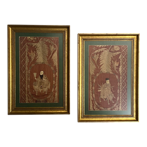 Late 19th Century Chinese Silks Immortal Framed Late Qing Dynasty Antique Foo Lions Ferns Metallic Threads - Set of 2