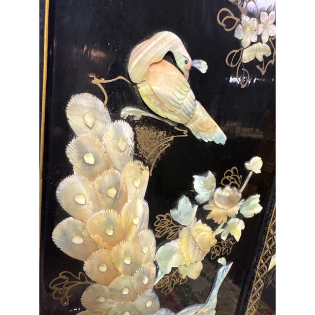 Chinese Pair of Vintage Chinese Hardstone Inlaid Black Lacquer Wall Plaques – Peacock & Floral – 36” For Sale - Image 3 of 12