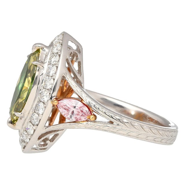 2000 - 2009 Gia Certified 1.92 Carat Brownish Greenish Yellow Marquise Cut Diamond Ring Size 5.75 For Sale - Image 5 of 7