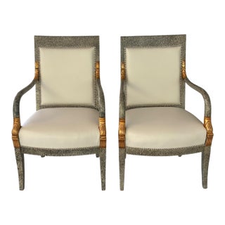 Pair of Hollywood Regency White Leather & Lacquer Dolphin Chairs For Sale