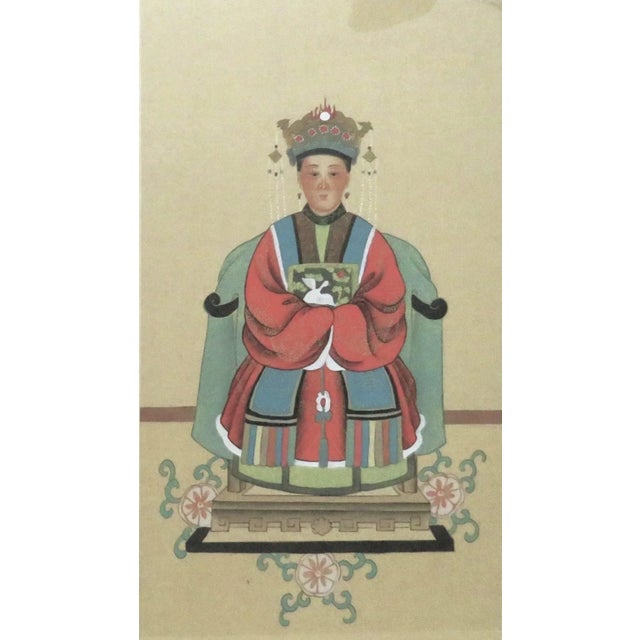 Chinese Pair of Antique Chinese Ancestral Portrait Watercolor Paintings Asian Oriental For Sale - Image 3 of 8