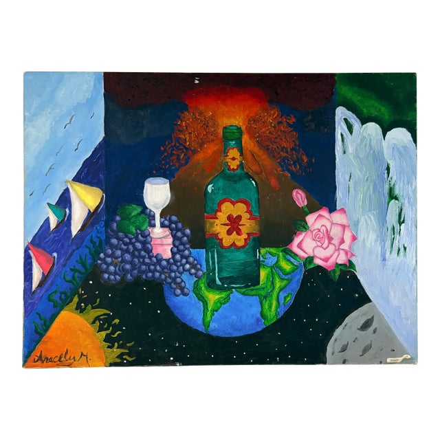 Original Aracely Muñoz Acrylic Painting – Surreal Still Life With Wine Bottle & Florals For Sale