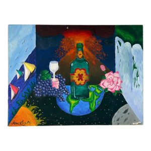 Original Aracely Muñoz Acrylic Painting – Surreal Still Life With Wine Bottle & Florals