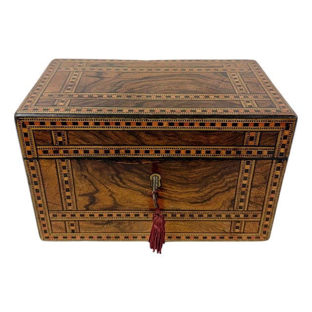 19th Century Victorian English Burl Walnut Tea Caddy With Tunbridge Ware Inlay For Sale