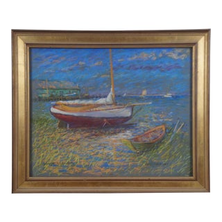 Late 20th Century Nantucket Seascape Scene Oil Pastel Drawing by George Thomas, Framed For Sale