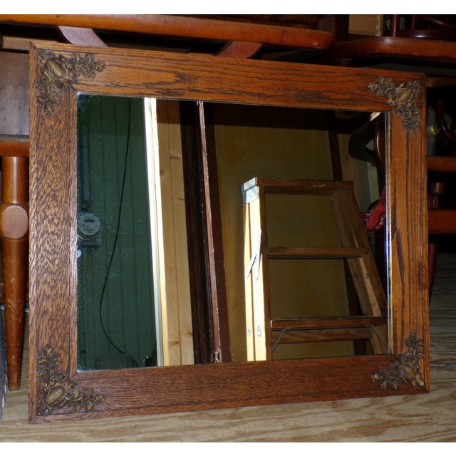 Early 20th Century Antique Solid Oak Framed Wall Mirror Gesso Oak & Acorn C. 1900 For Sale - Image 5 of 9