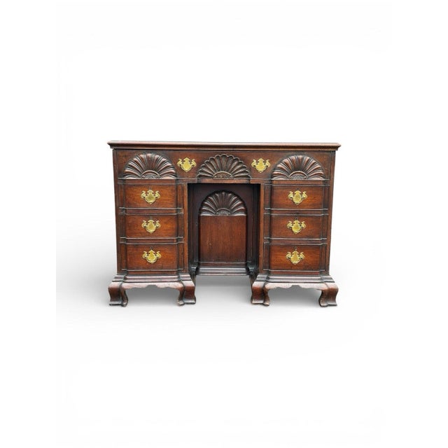 Edwardian Mahogany Desk with Brass Handles, Cupboard & Keys 1 large drawer at top over 3 each side, cupboard to centre....