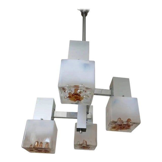Vintage Italian Pendant W/ Lightly Frosted Murano Glass Cubes & Infused Amber Glass by Mazzega C 1960’s For Sale