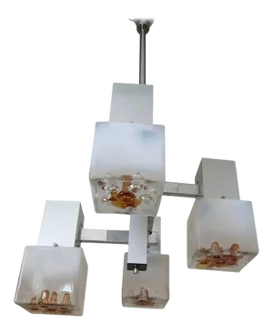 Vintage Italian Pendant W/ Lightly Frosted Murano Glass Cubes & Infused Amber Glass by Mazzega C 1960’s