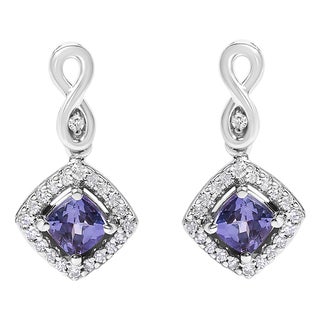 10K White Gold Blue Purple Tanzanite and Diamond Halo Cushion Shaped Drop Earrings (I-J Color, I1-I2 Clarity) For Sale