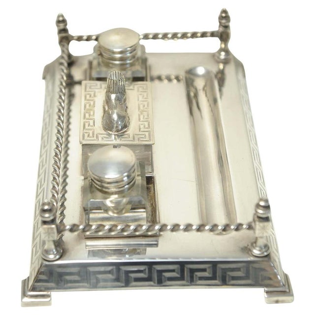 An Impressive Art Deco Egyptian Revival Desk Stand with Two Cut Glass Metal Topped Inkwells with A Formed Pen Tray Base...